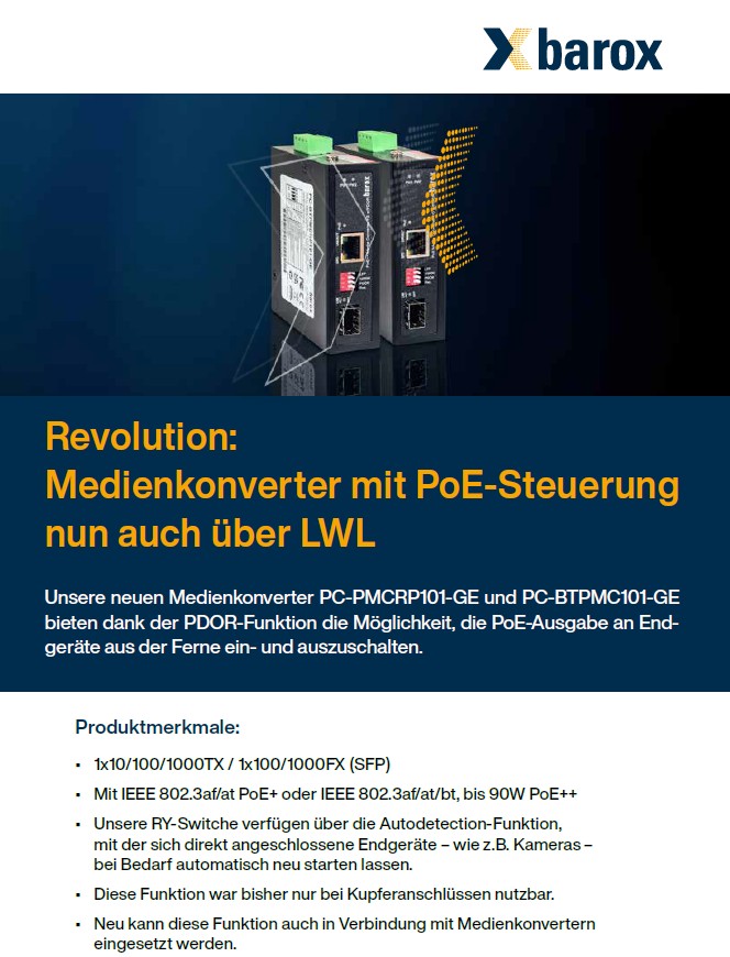 Flyer Medienkonverter mit PoE-Steuerung nun auch über LWL